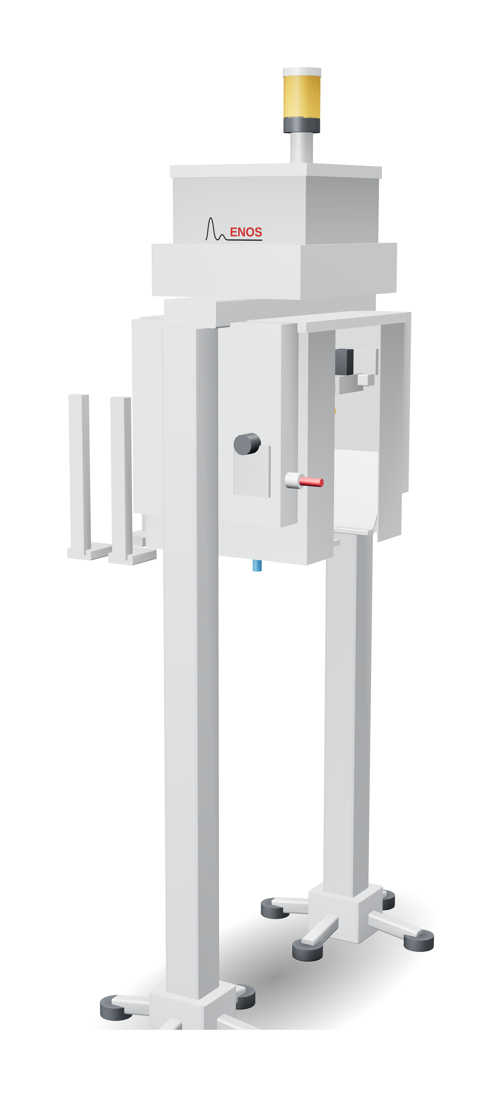 ENOS SyncroJET III injection station: nine-nozzle injector head on its stand over the bottle lane